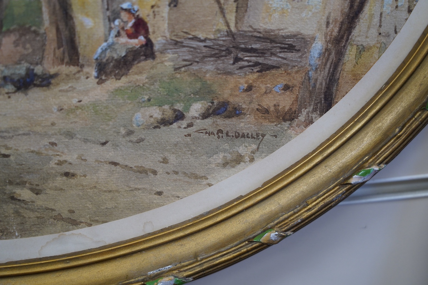 Charles Dalley (19th/20th. C), watercolour, Farmyard scene, signed, oval 37 x 47cm, gilt frame. Condition - poor